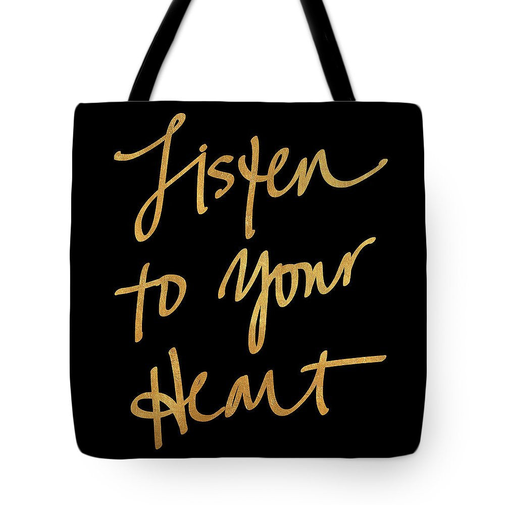 Listen To Your Heart Square On Black Tote Bag