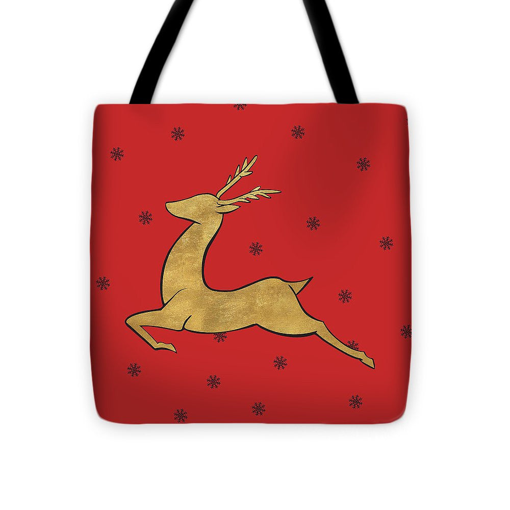 Golden Reindeer On Red Tote Bag