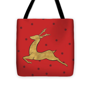 Golden Reindeer On Red Tote Bag
